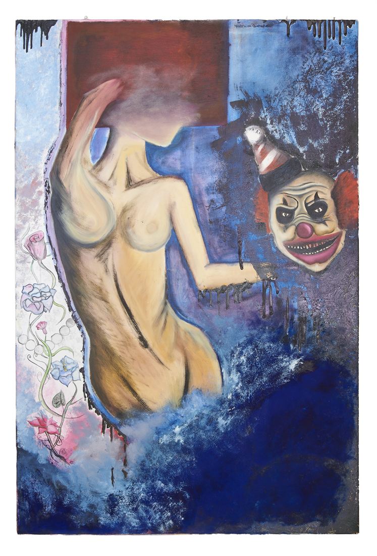 A figure with a mask, in cobalt and crimson with floral details