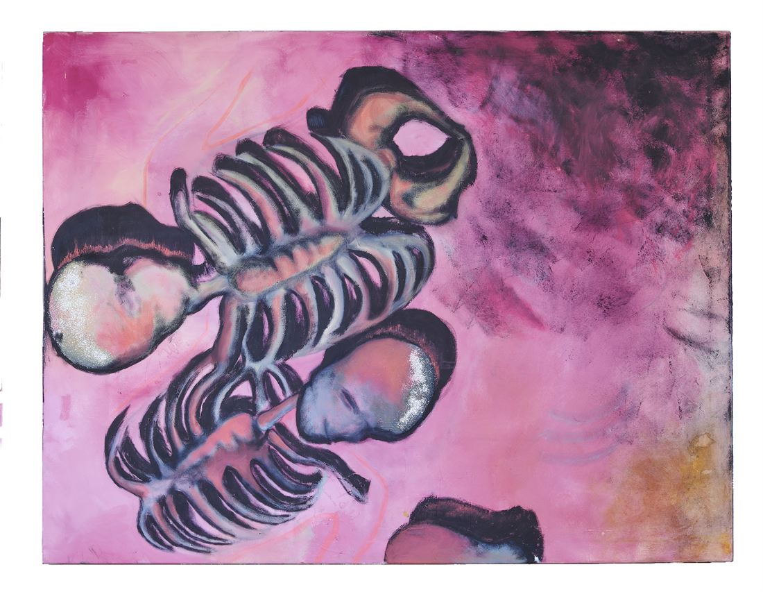 An abstract anatomical form in rose and magenta