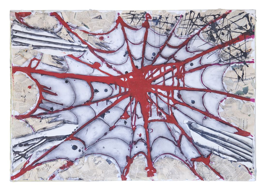 A red web-like form over newspaper collage