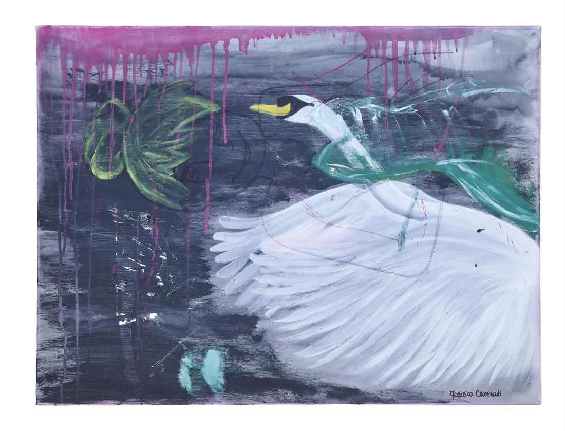 A white swan against a dark ground with magenta drips