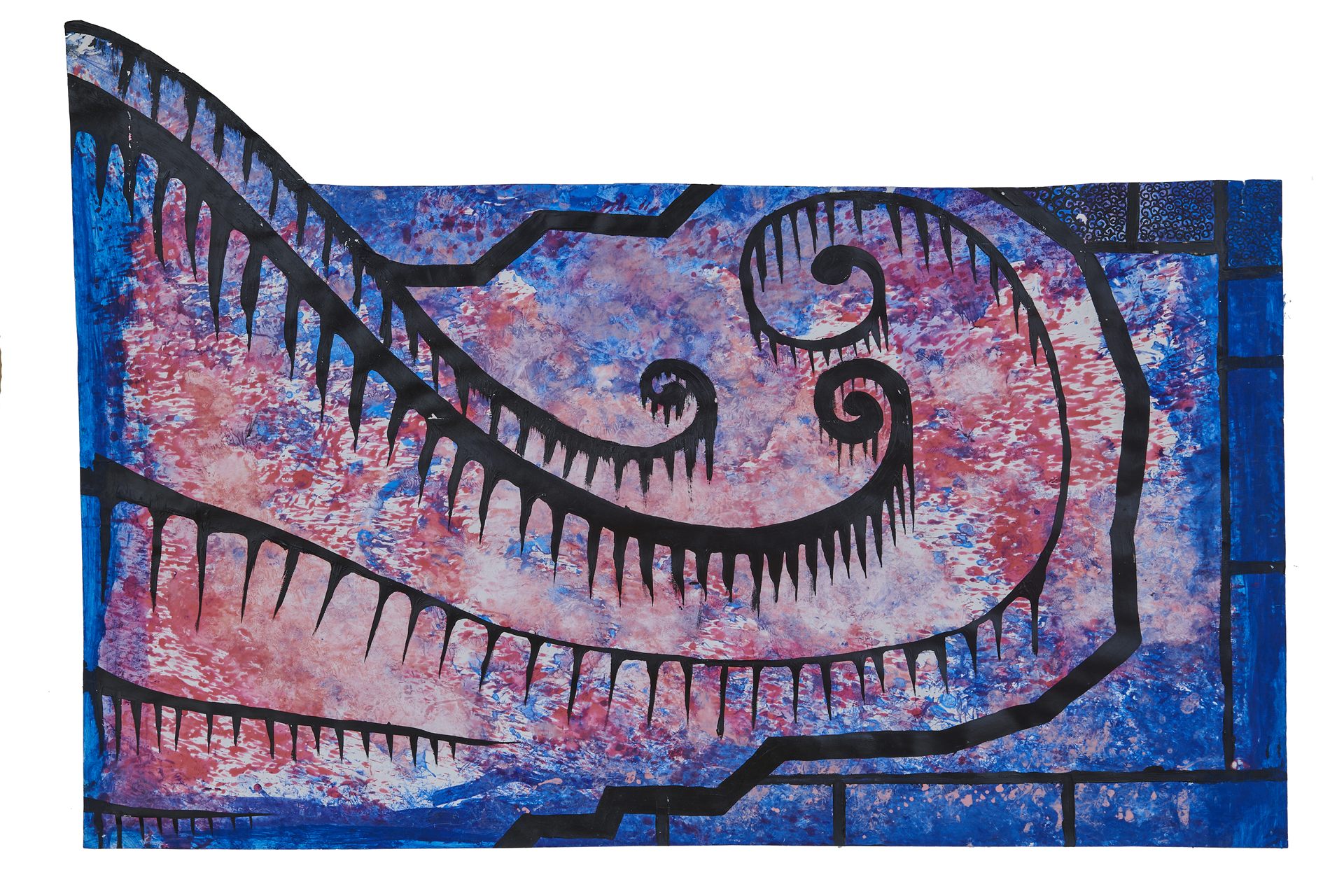 An abstract painting in cobalt blue and coral with a black serpentine form, by Federica Cavenati