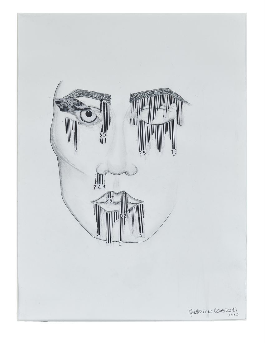 A graphite drawing of a face with barcode features, signed and dated 2010