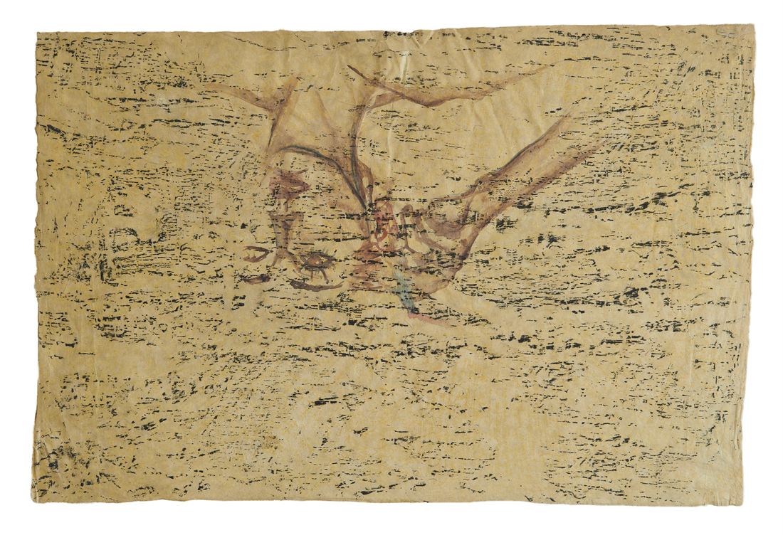A sepia-toned painting with a faint bird form on aged, textured ground