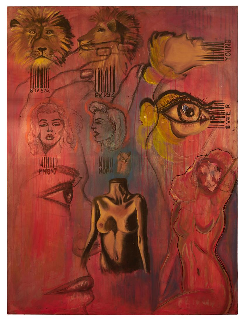 A crimson composition of figures, faces and barcodes with the words Young and 4 Ever